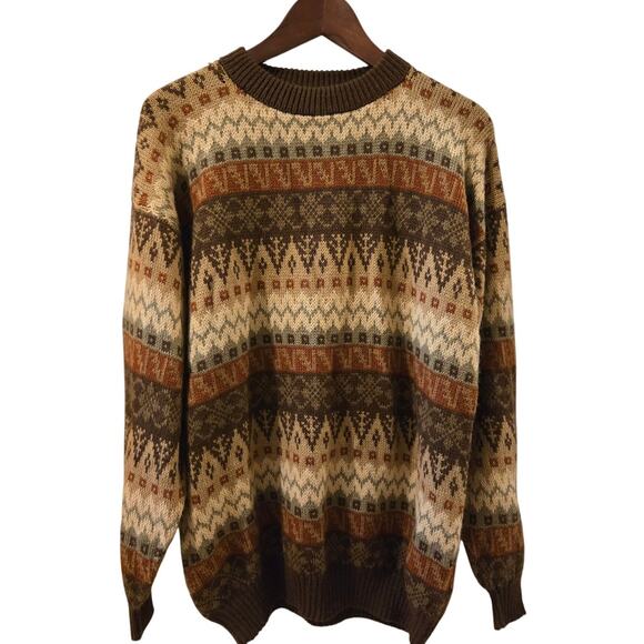 Matices De Los Andes 100% Alpaca Aztec Peru Brown Pullover Sweater Mens Large - Picture 1 of 8